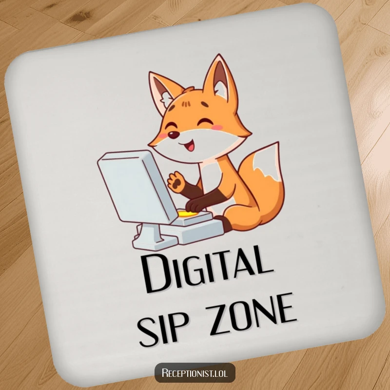 Funny giggling cartoon fox typing at a computer, paw hovering over a button, protective drink coaster, humorous desk accessory.