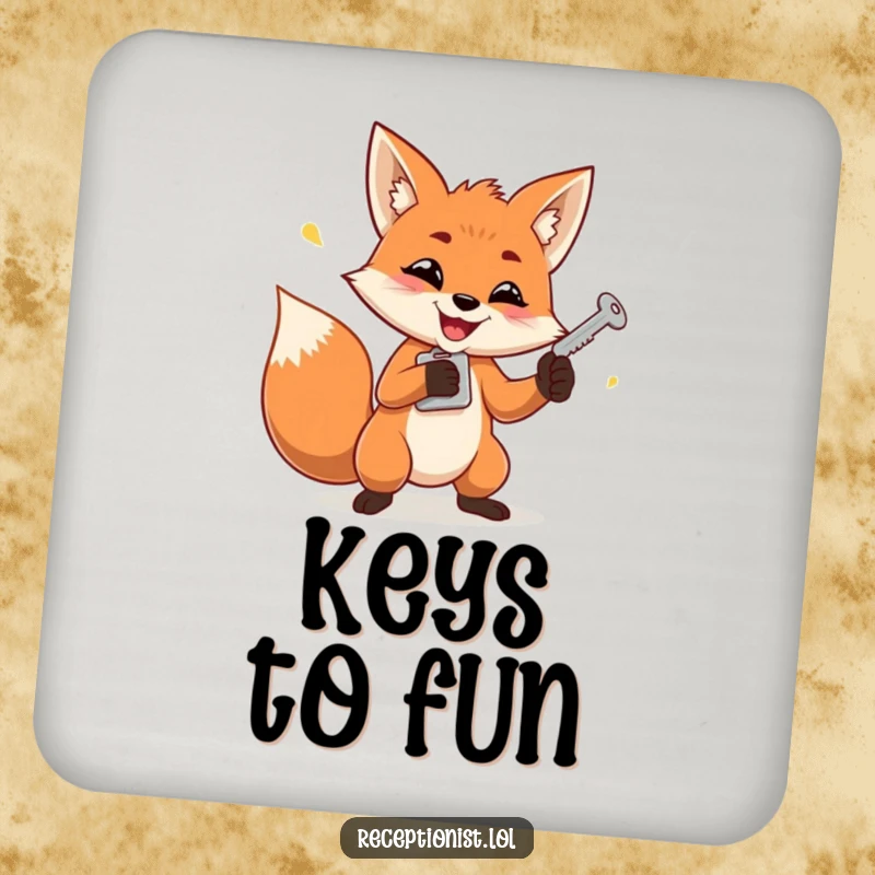 Funny drink coasters showing a determined fox grinning while juggling keys, adding clever humor to any table.