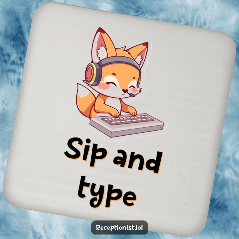Funny fox drink coaster featuring a cartoon fox with headphones, typing on a keyboard; a humorous accessory for desks.