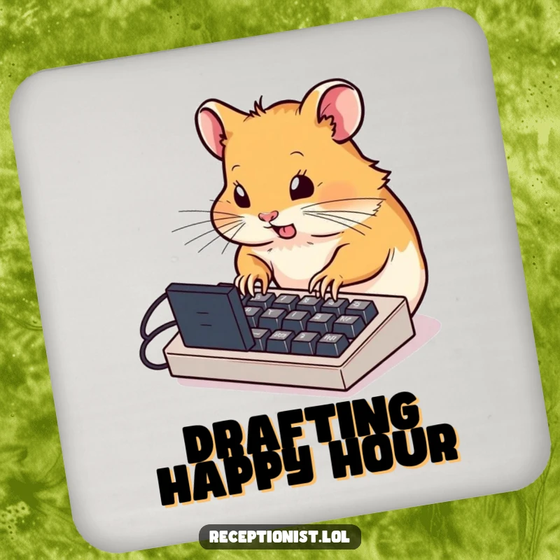 Funny determined hamster typing furiously on a miniature computer keyboard, absorbent drink coaster, humorous table protection accessory.