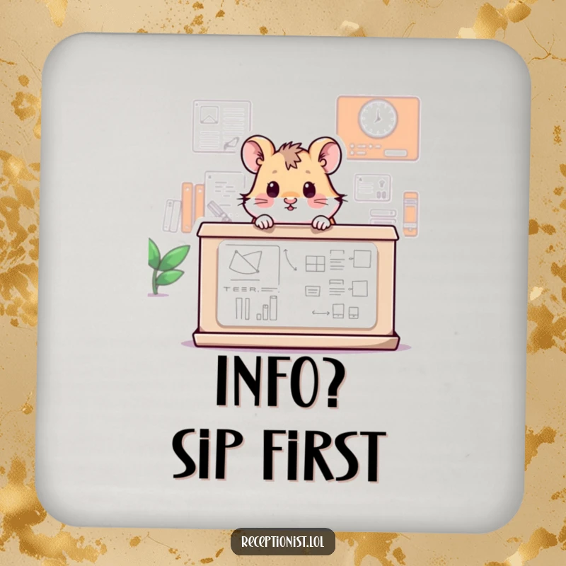 Funny drink coaster featuring a tiny hamster peeking over a large information desk, adding a humorous touch to beverage placement.