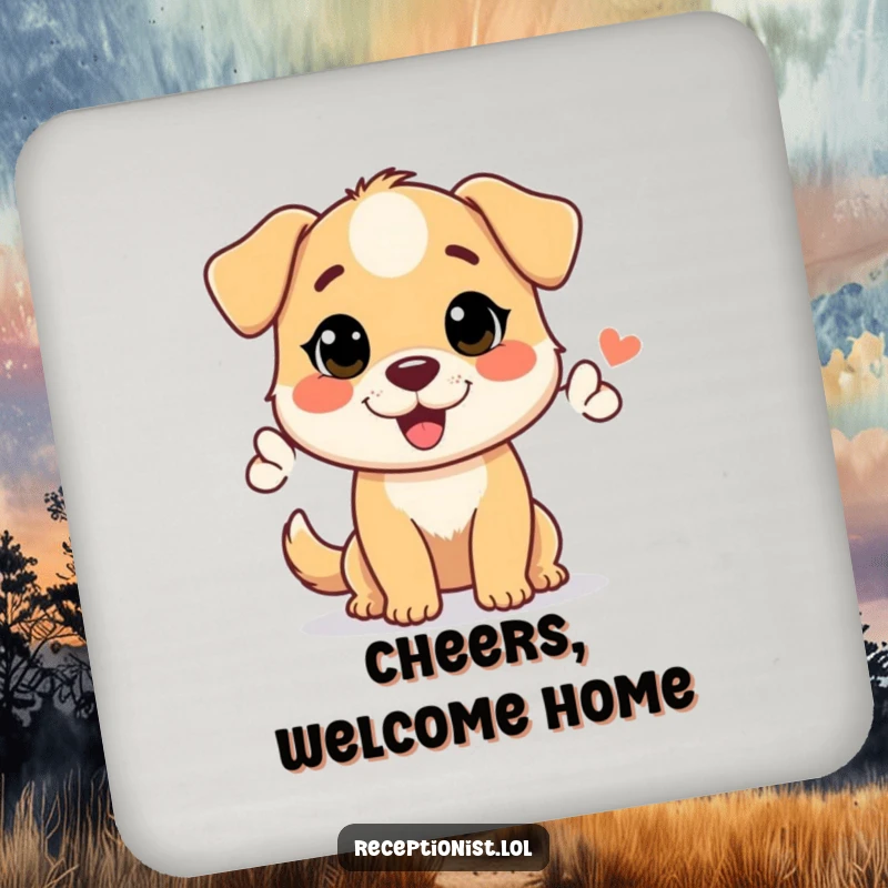 Funny drink coaster with a helpful dog character giving a warm nod, adding welcoming humor to any beverage setting.