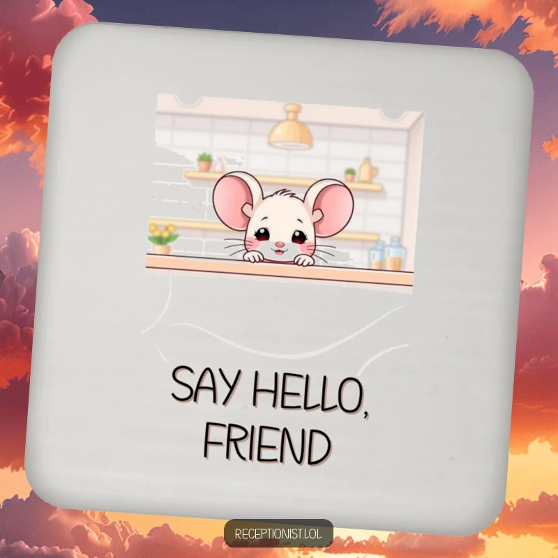 Funny mouse coaster, a tiny mouse peeking over a large counter with a friendly glimmer, guarding surfaces humorously.