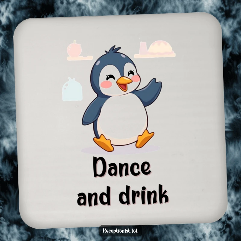 Funny penguin doing a greeting dance, featured on a protective and funny drink coaster.