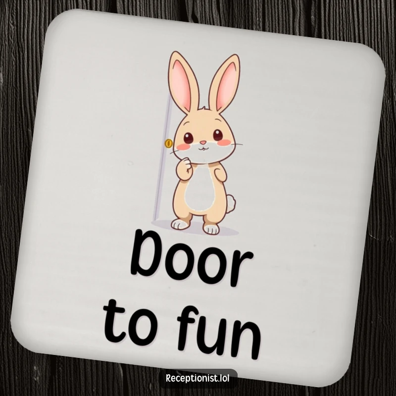 Funny drink coaster with an excited rabbit pointing towards a door, adding a touch of adventure to beverage placement.