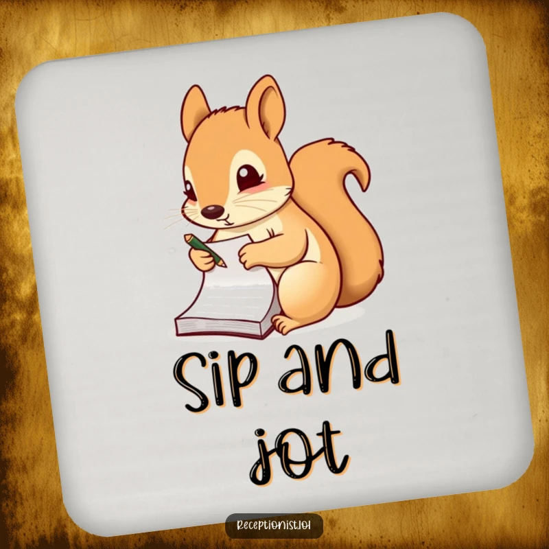 Funny drink coaster with a diligent squirrel taking notes on a small notepad, perfect for marking drink spots with humor.