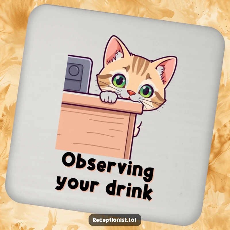 Funny cat coaster with a curious kitten peeking over a desk, a humorous and practical accessory for any table.