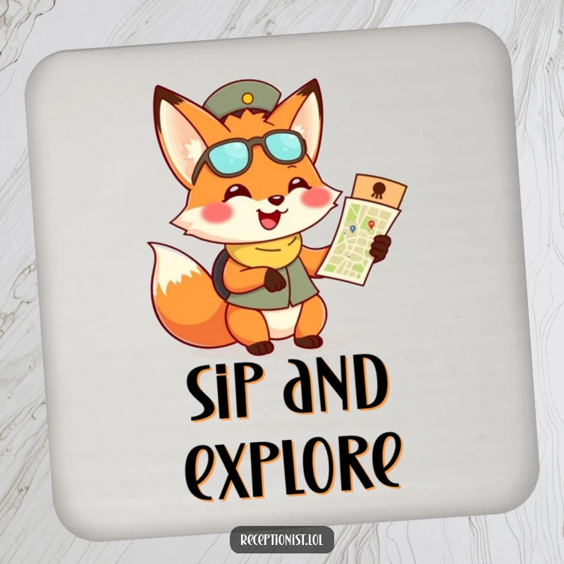 Funny fox receptionist coaster, absorbent coaster featuring a cheerful fox handing out a map.
