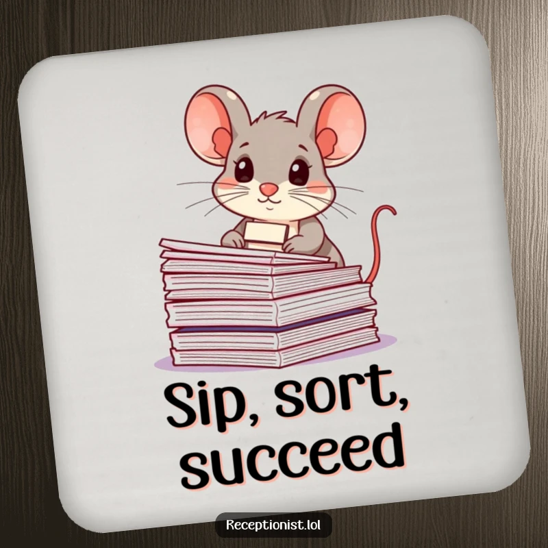 Funny mouse with a name tag, organizing papers, on a drink coaster, providing humorous surface protection.