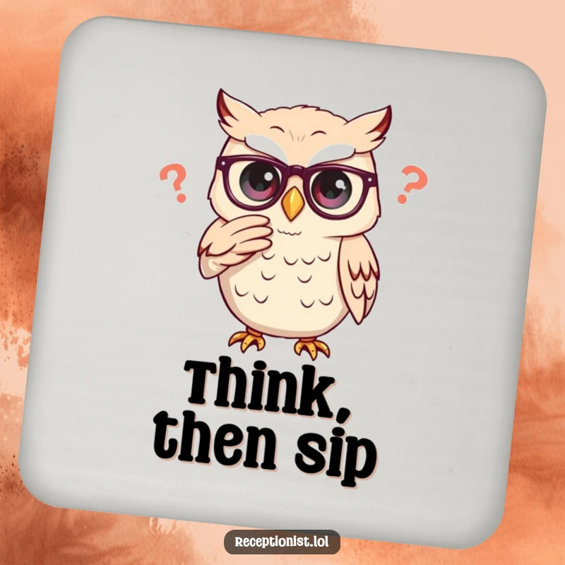 Funny owl adjusting glasses thoughtfully, featured on a protective and funny drink coaster.
