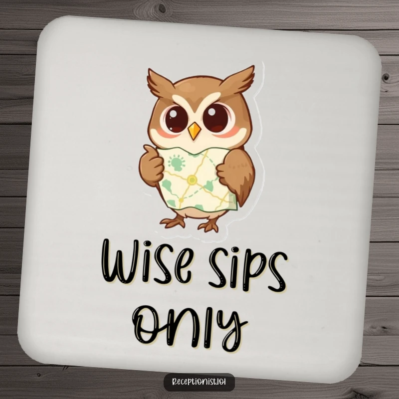 Funny drink coaster featuring a curious owl pointing to a map with a wise expression, perfect for protecting surfaces with a touch of wisdom.