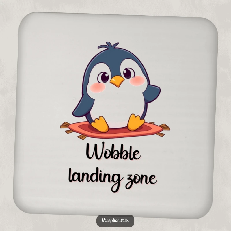 Funny penguin drink coaster featuring a surprised cartoon character tripping over a rug, protecting surfaces with humor.