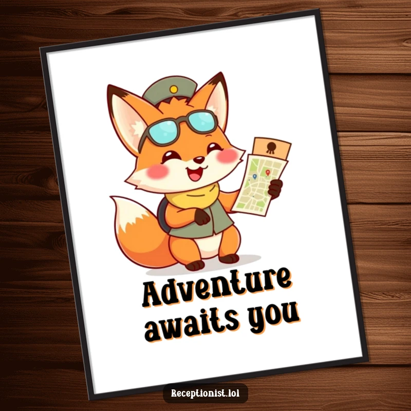 Funny fox receptionist poster, whimsical wall art depicting a grinning fox offering directions with enthusiasm.