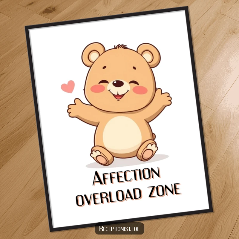Funny Poster of a giggling bear cub with arms wide open, invitingly greeting viewers, creating a warm and cheerful atmosphere.
