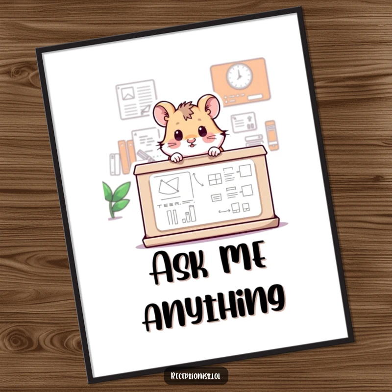 Funny poster featuring a tiny hamster peering over a massive information desk, creating a humorous and eye-catching wall decoration.