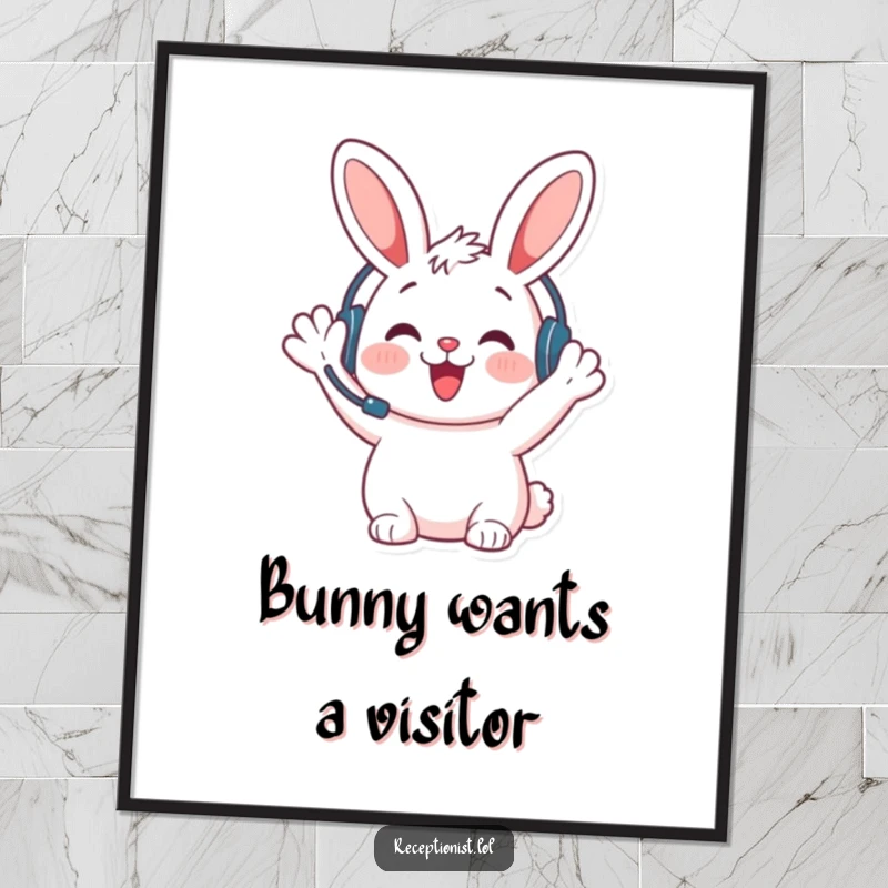 Funny bunny welcome poster, headset on, waving enthusiastically, bringing a cheerful and inviting atmosphere to any room.