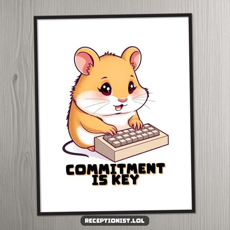 Funny hamster receptionist poster, a determined hamster typing on a tiny keyboard with focused energy, inspiring wall art.