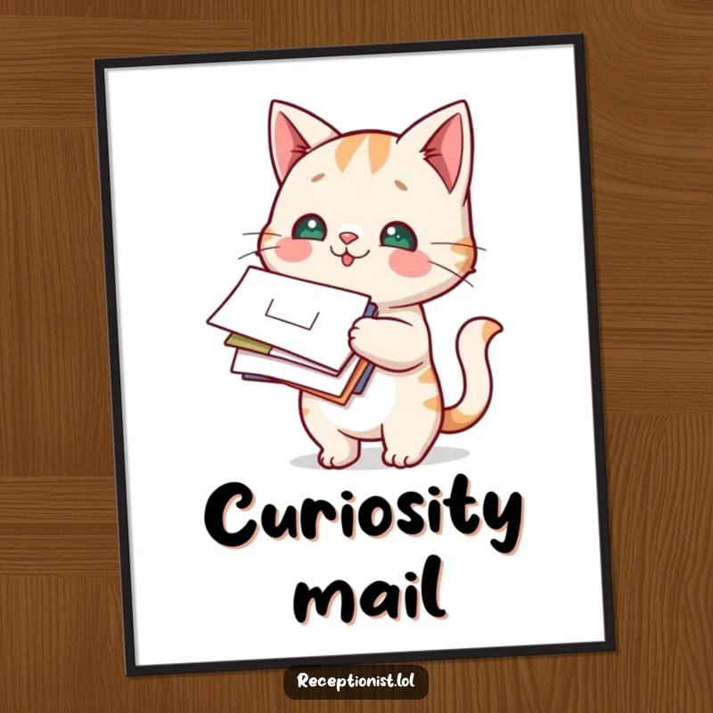 Funny Cat Mail Carrier Poster: a curious cat holds a stack of mail, representing responsibility and cuteness.