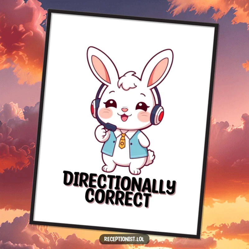 Funny cute bunny receptionist wearing a headset, smiling warmly and pointing forward on a poster.