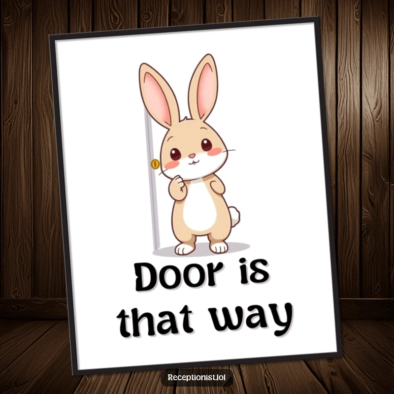 Funny poster of a curious rabbit enthusiastically pointing towards an open door, creating a sense of wonder and adventure.