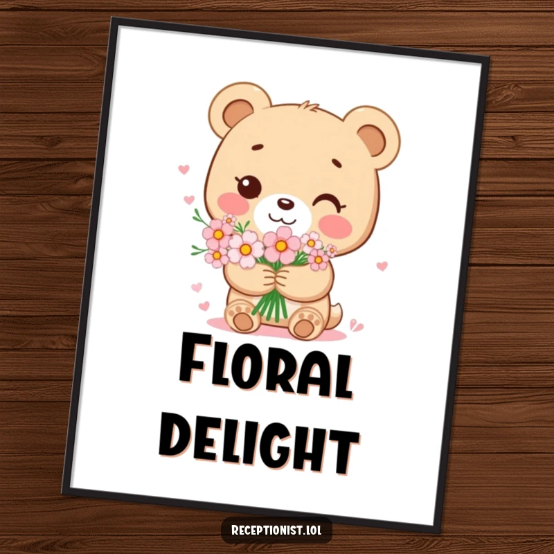 Funny bear cub poster featuring a sweet character holding a bouquet of flowers with a gentle smile, perfect for spreading love and humor.