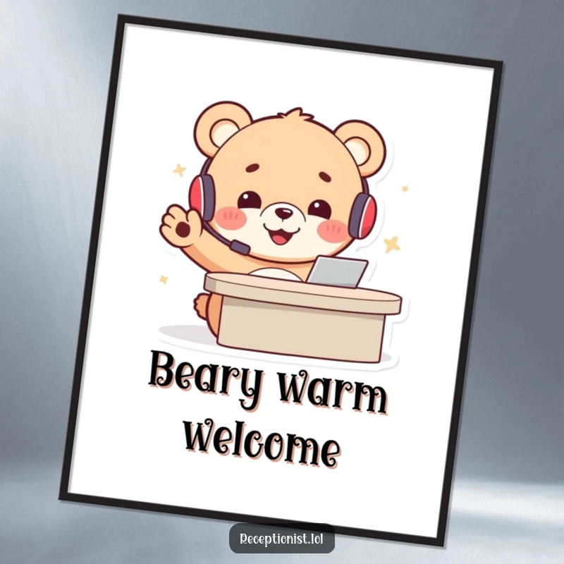 Funny bear receptionist poster of a cheerful cartoon bear cub in a headset, gesturing welcomingly towards a desk, radiating friendliness.