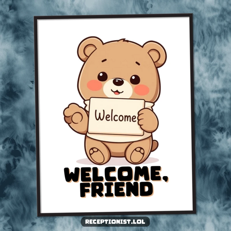Funny smiling bear in a smock, offering a pamphlet, featured on a poster, adding humorous warmth and a friendly welcome to any space.