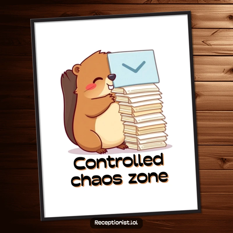 Funny beaver hard at work, meticulously organizing papers, displayed as motivational and humorous wall art for an office poster.