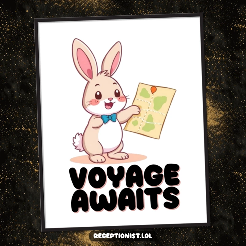Funny playful bunny pointing towards a map with a helpful gesture, humorous poster art, perfect for home or office decor.