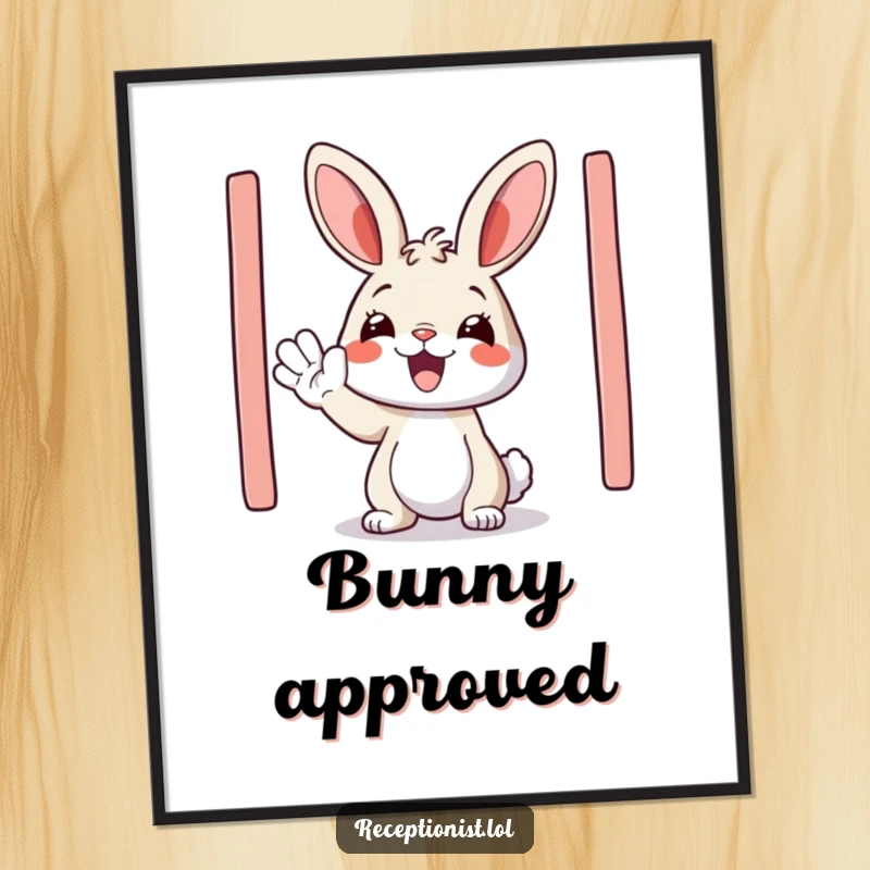 Funny poster of a happy bunny enthusiastically waving hello, perfect for creating a welcoming and cheerful atmosphere.
