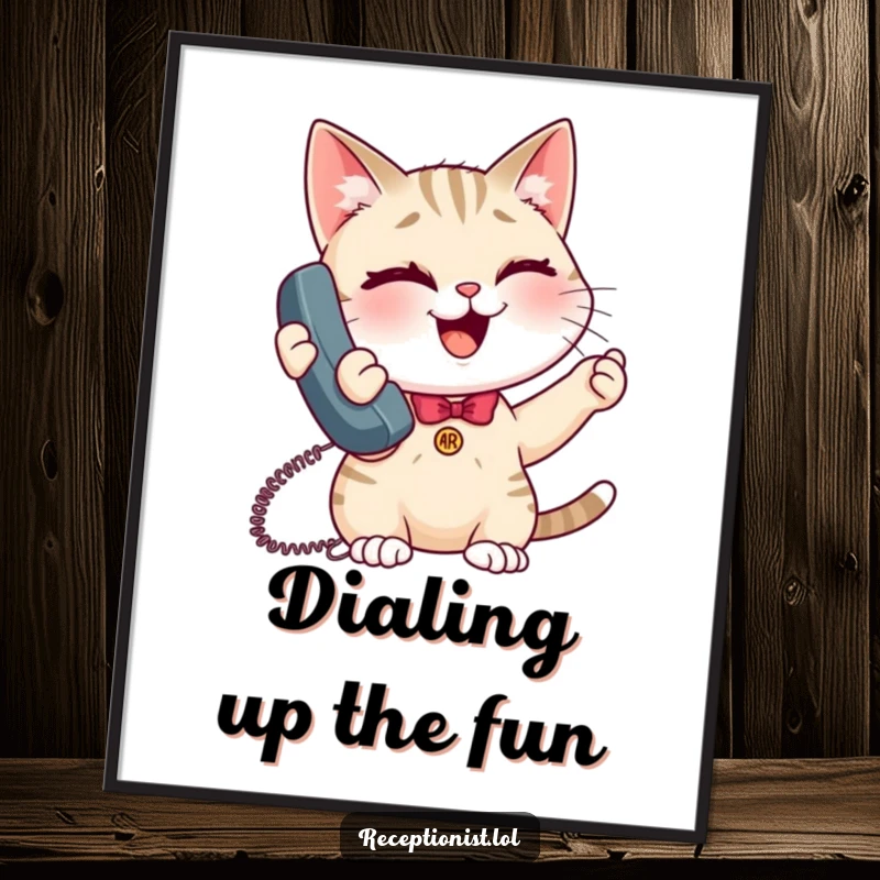 Funny giggling cat receptionist poster, whimsical wall art depicting a laughing cat in a professional setting, on the phone.