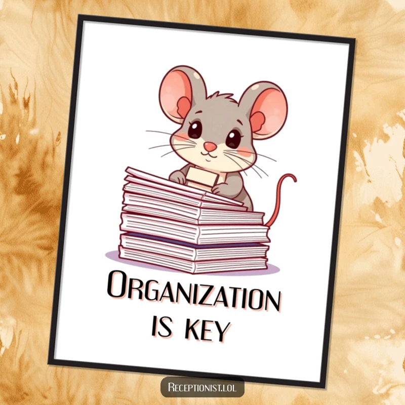 Funny mouse with a name tag, diligently organizing papers, featured on a poster, adding humorous motivation to any space.