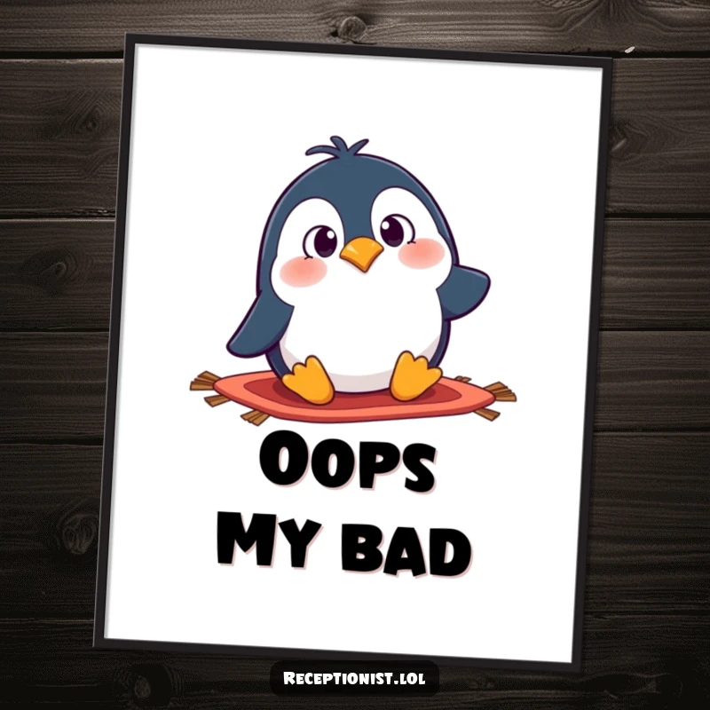 Funny penguin poster featuring a surprised cartoon character hilariously tripping over a rug, perfect for adding humor to wall art.