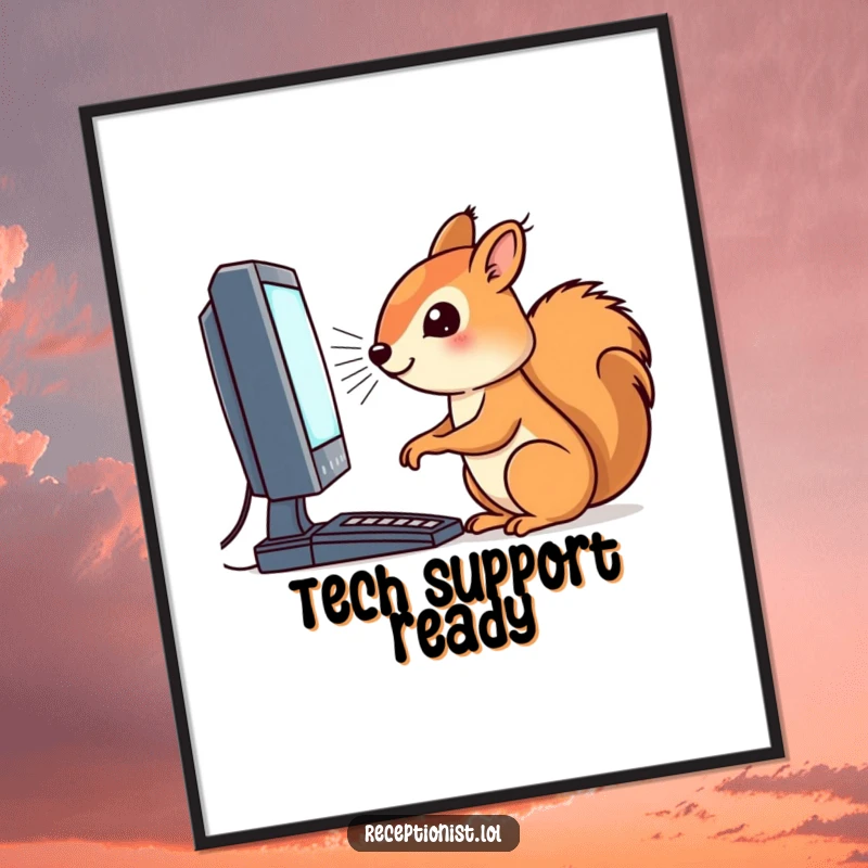 Funny poster print featuring a determined squirrel intensely focused on a blinking computer screen, perfect office decor.