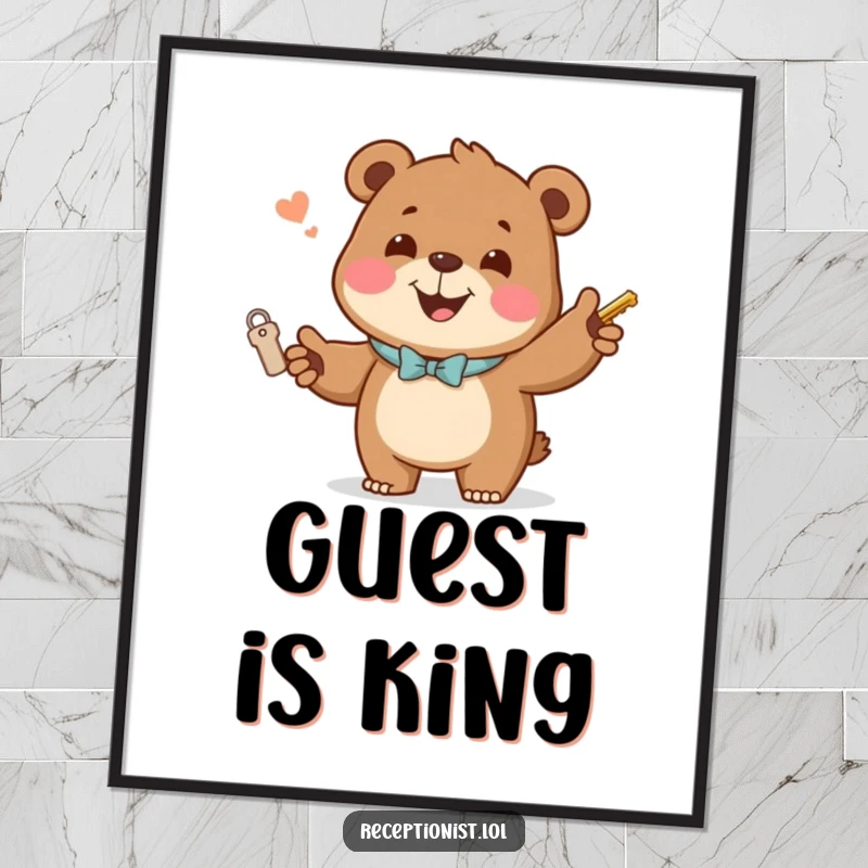 Funny Poster depicting a jovial bear handing out room keys with a welcoming smile, humorous wall art for hotels.