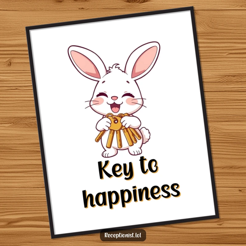 Funny bunny poster featuring a joyful character politely offering keys with a nod and a wink, perfect for spreading luck and humor.