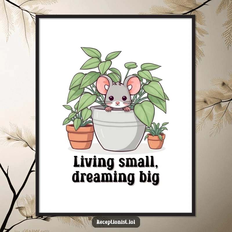 Funny poster print of a shy mouse peeking from behind a large potted plant, bringing subtle humor and cuteness.