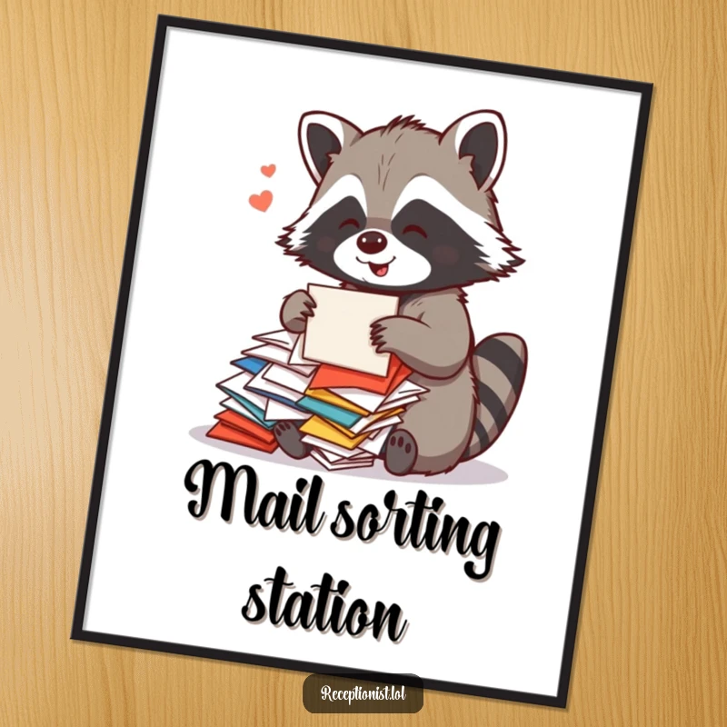 Funny Raccoon Mail Room Poster displaying a playful raccoon sorting colorful mail with a cheerful hum, creating a humorous and organized atmosphere.