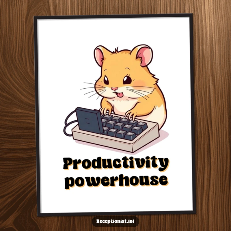 Funny determined hamster typing furiously on a miniature computer keyboard, humorous poster art, perfect for home or office decor.