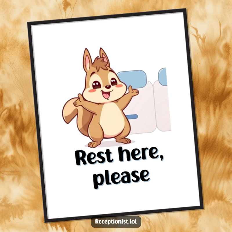 Funny squirrel poster, a cheerful squirrel character enthusiastically waving to show someone where to sit, bringing humor to decor.