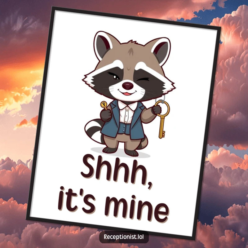 Funny raccoon receptionist poster, a winking raccoon discreetly passing a key with a sly smile, mysterious wall art.