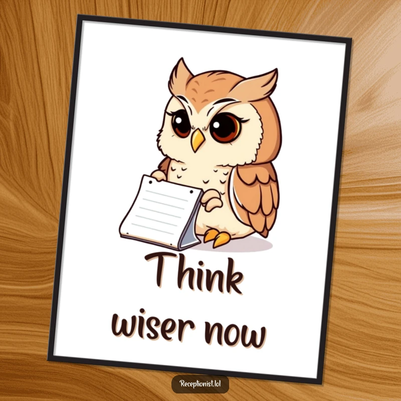 Funny Poster depicting a wise owl peering intently at a notepad with a serene expression, humorous wall art for intellectuals.