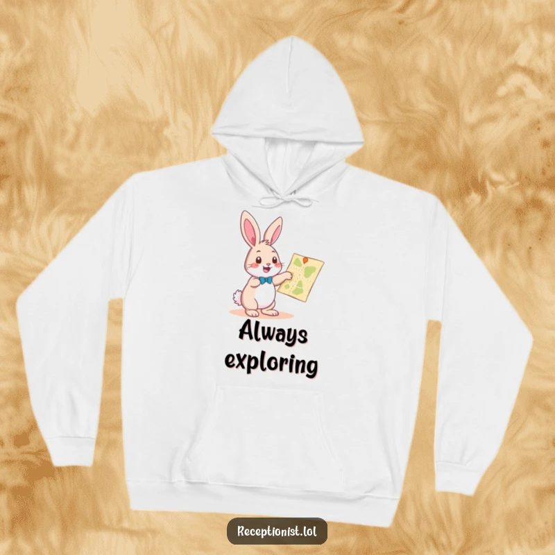 Funny playful bunny pointing towards a map with a helpful gesture, cozy hoodie design, perfect for staying warm and adventurous.