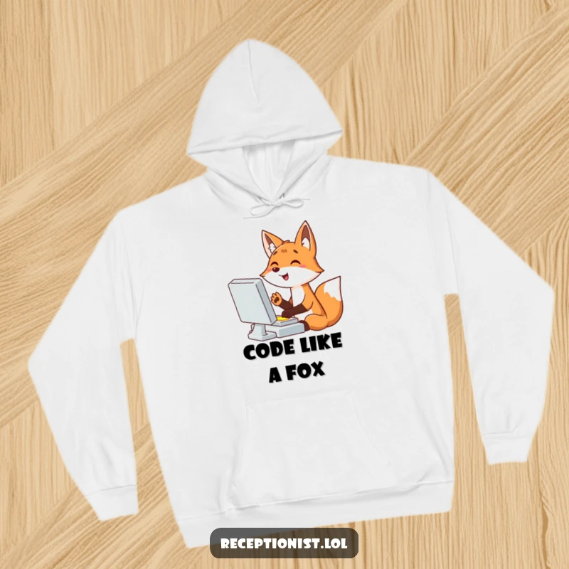 Funny cartoon fox engrossed in typing at a computer, one paw hovering over a glowing button, expressing playful tech obsession, humorous hoodie.