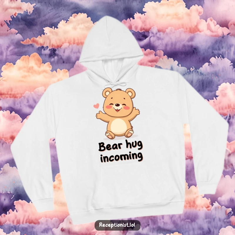 Funny Hoodie with a cute, giggling bear cub extending its arms in a welcoming hug, embodying warmth and playful happiness.