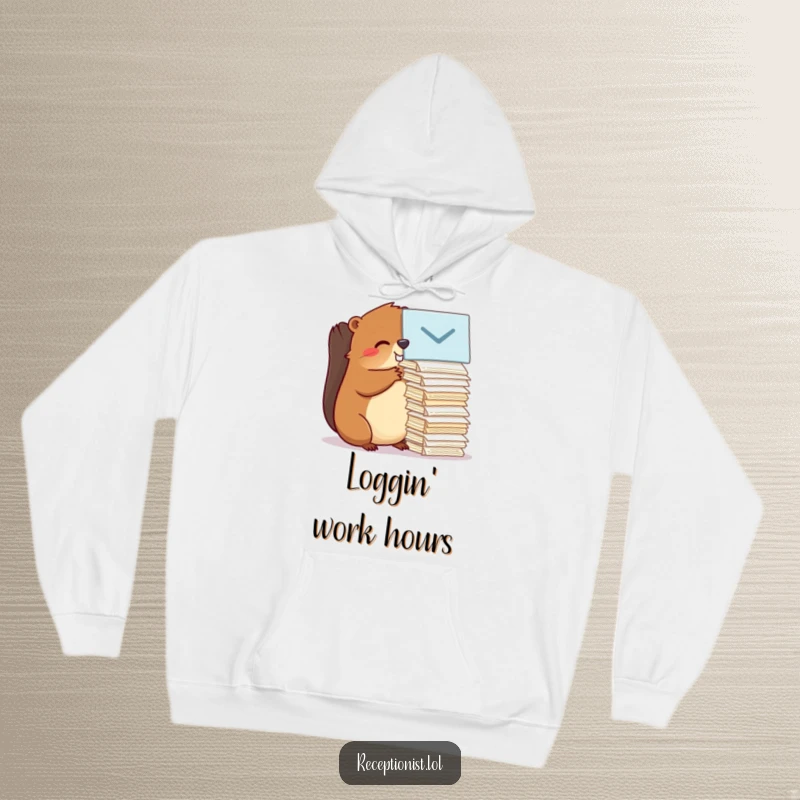 Funny, cozy beaver depicted working diligently on a hoodie, symbolizing efficient organization and adding a touch of warmth and humor.