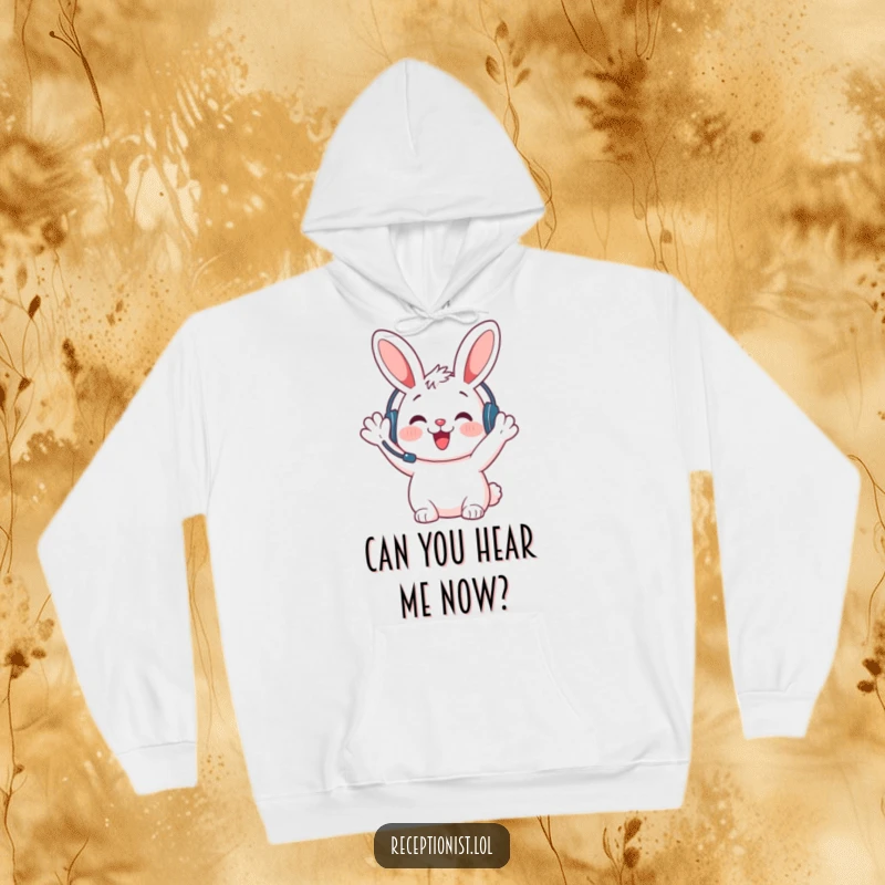 Funny bunny welcome hoodie, headset on, waving with a joyful expression, perfect for staying cozy and spreading cheer.
