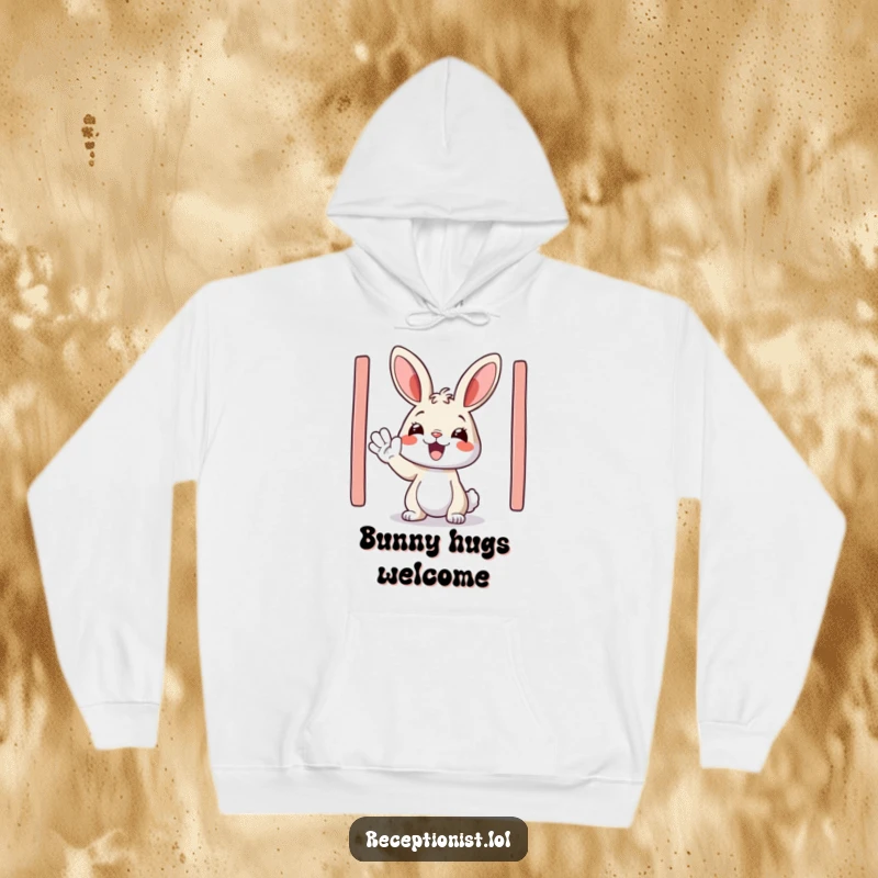 Funny hoodie featuring a happy bunny enthusiastically waving hello, perfect for cozy and cheerful wear.