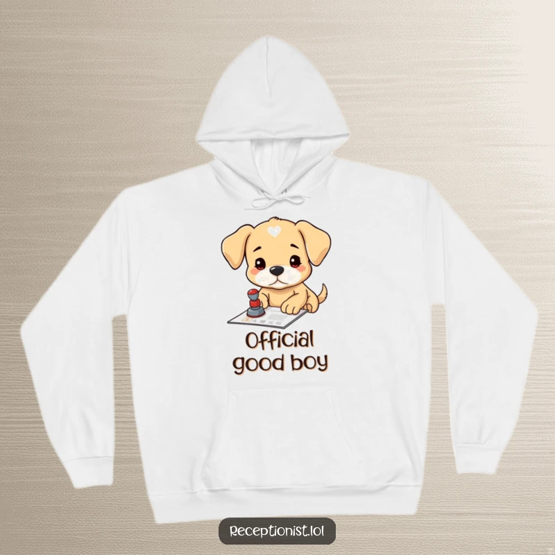 Funny puppy official hoodie, stamping a document with a serious look, conveying focused effort and warmth.