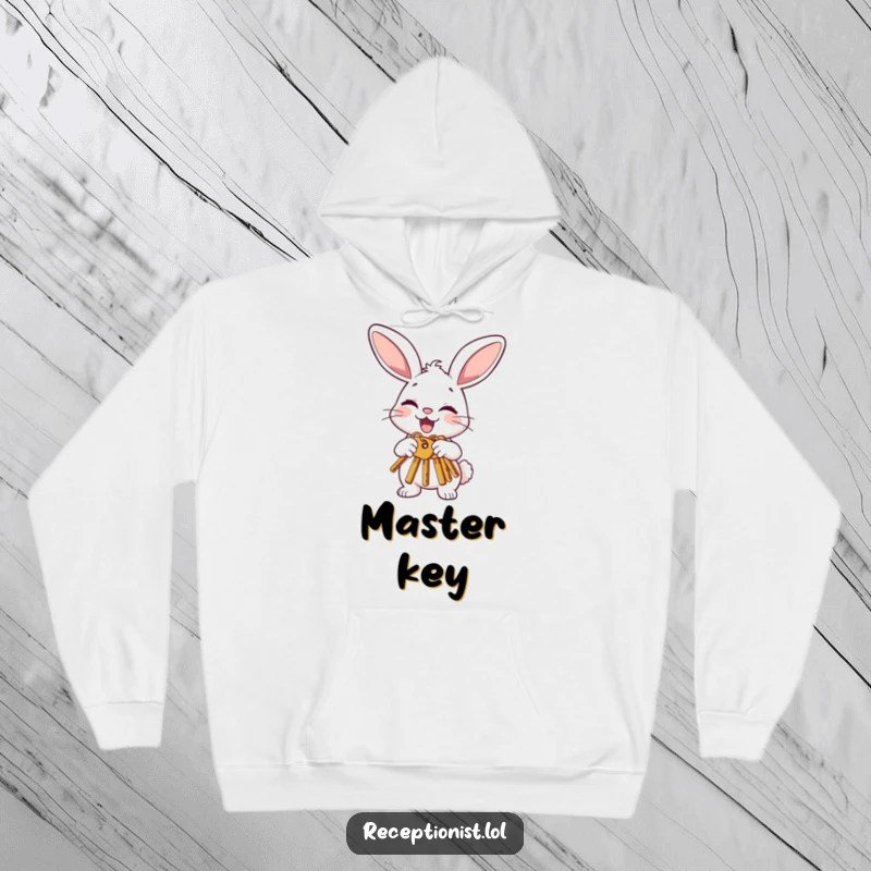 Funny bunny hoodie featuring a joyful character politely offering keys with a nod and a wink, ideal for cozy comfort and good luck.
